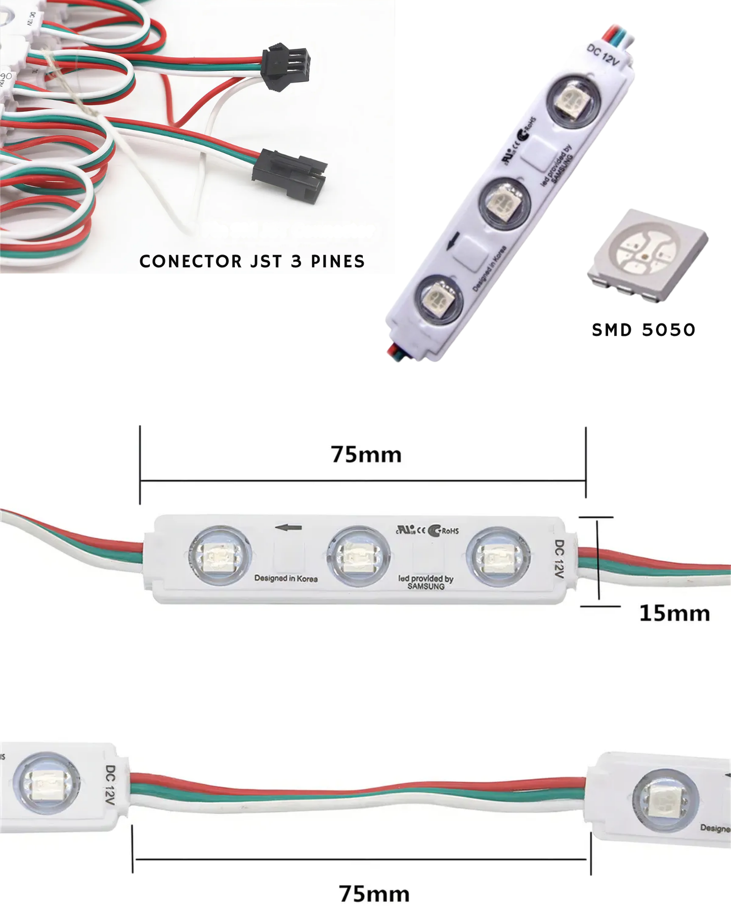 Modulo LED Pixel programable 12V SMD 5050 IP65 | Modulo 3 focos WS2811 | Tira 20 módulos con conectores JST