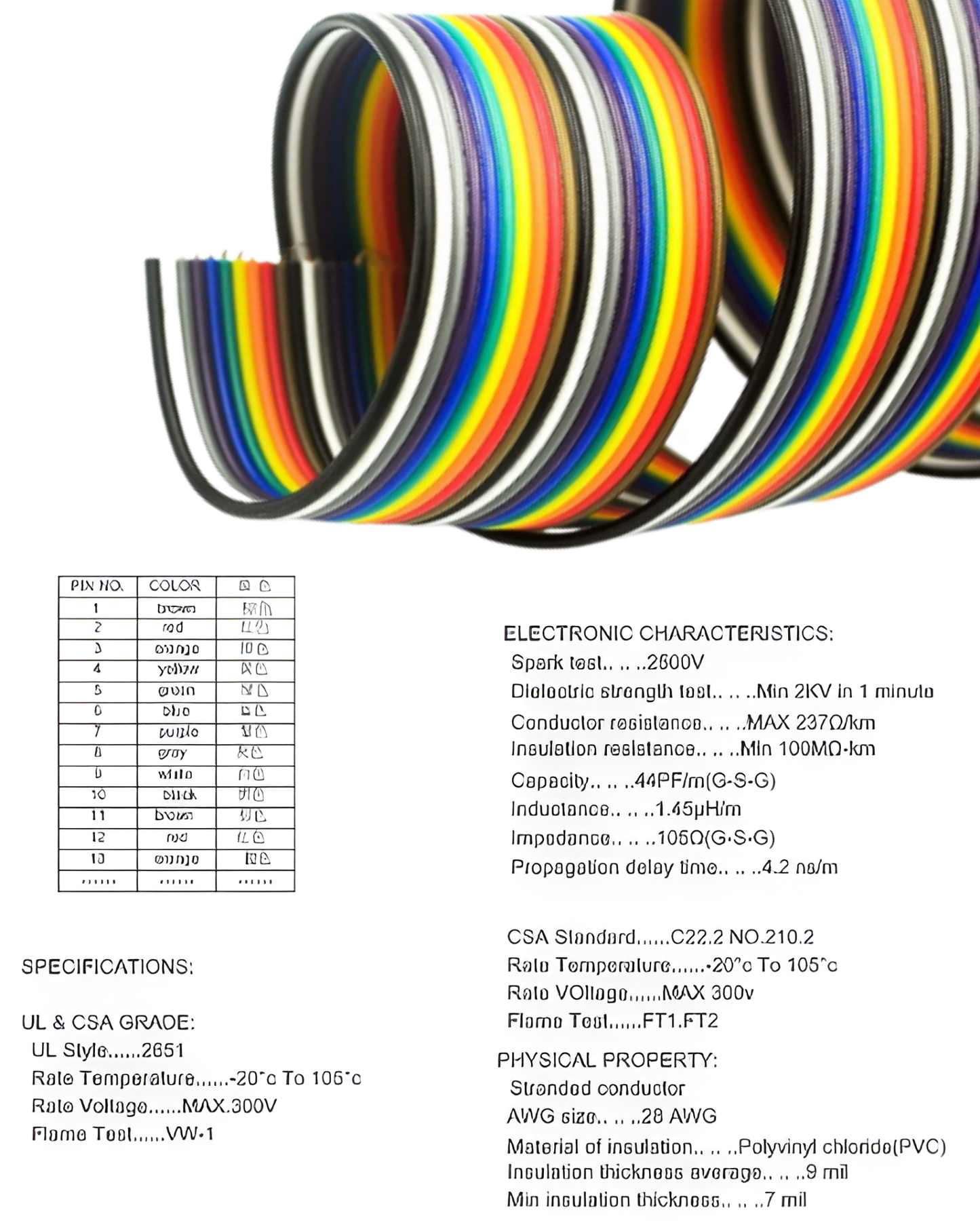 Cable plano arcoíris 20 vías 28AWG | Cable Ribbon multicolor Pitch estándar 20 hilos