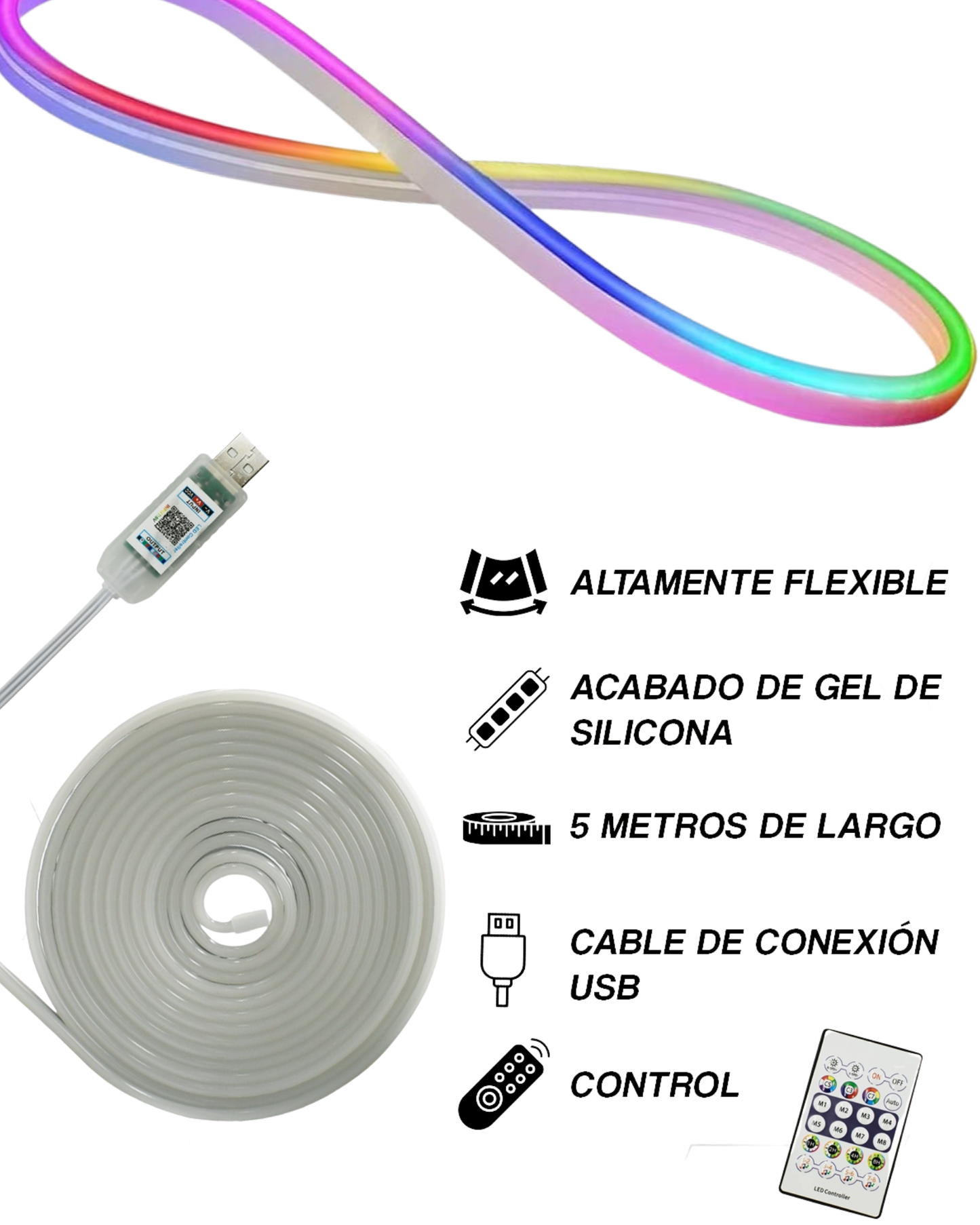 Tira de LED Inteligente Neonflex USB 5V | Tira Neón mágica 5 metros | Control por Bluetooth con App de celular