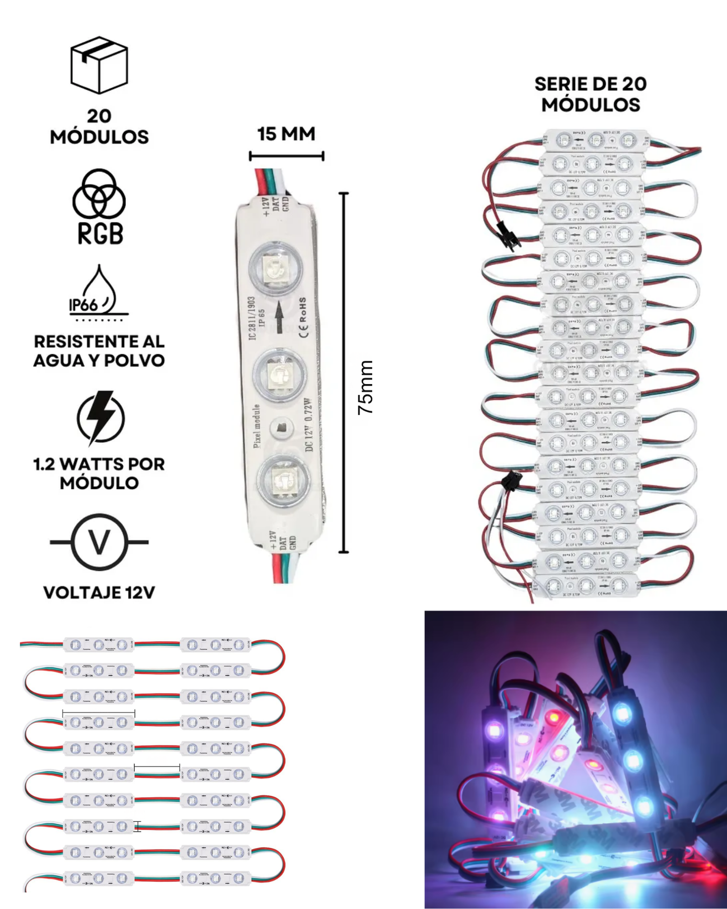 Modulo LED Pixel programable 12V SMD 5050 IP65 | Modulo 3 focos WS2811 | Tira 20 módulos con conectores JST