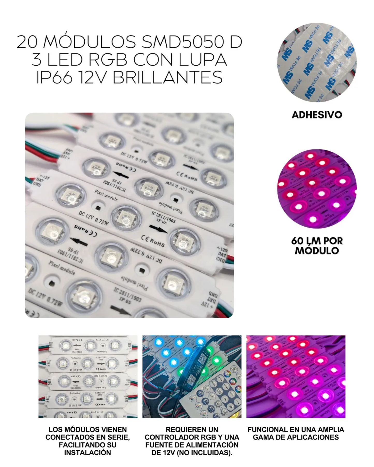 Modulo LED Pixel programable 12V SMD 5050 IP65 | Modulo 3 focos WS2811 | Tira 20 módulos con conectores JST