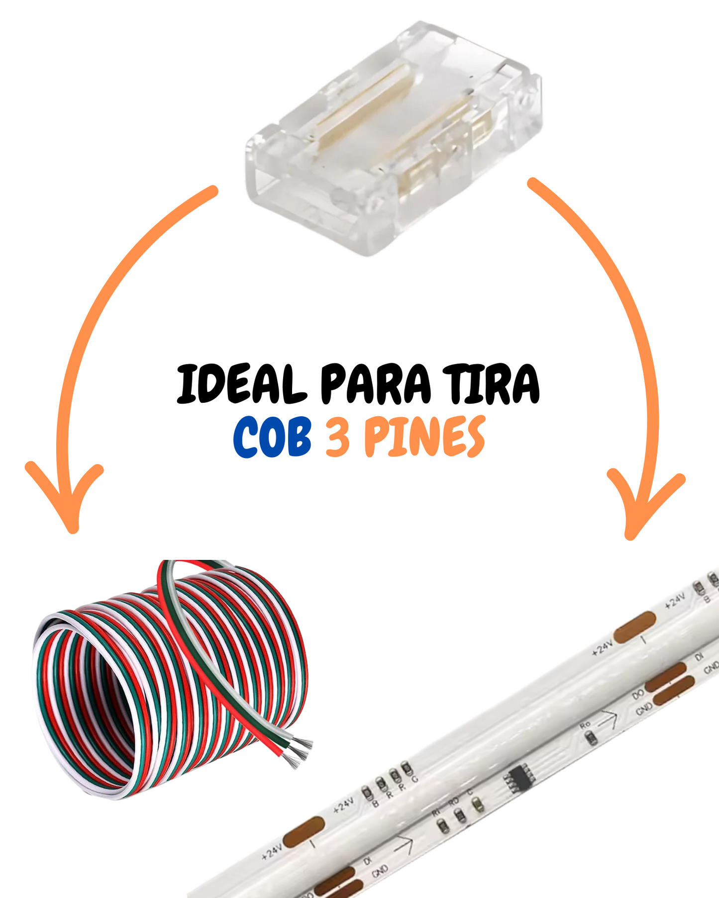 Conector transparente para tira LED COB 8mm | Cople empalme para Tira LED 3 pines COB