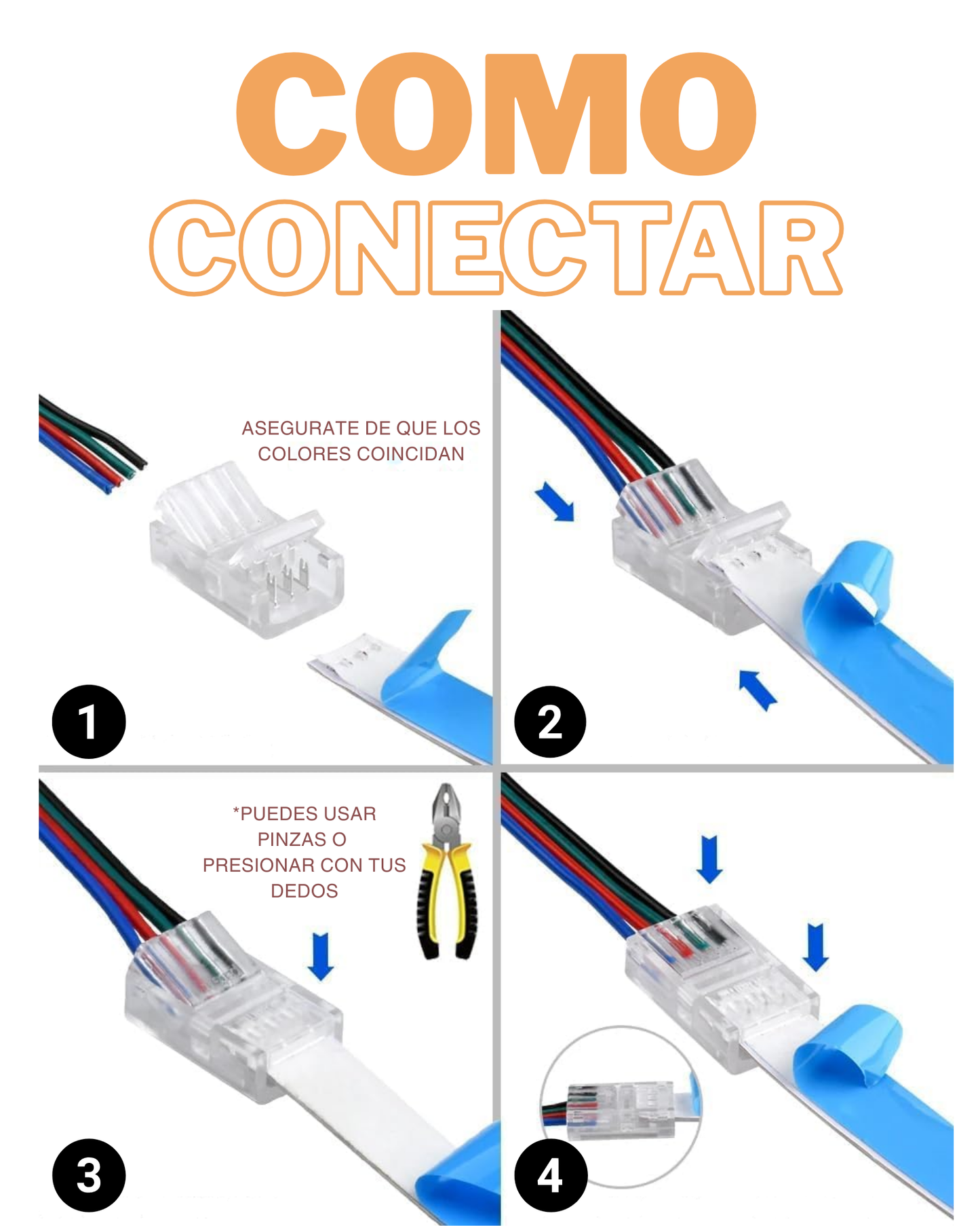 Conector transparente para Tira LED RGB 8mm | Cople empalme sin soldar para Tira de LED RGB 5050