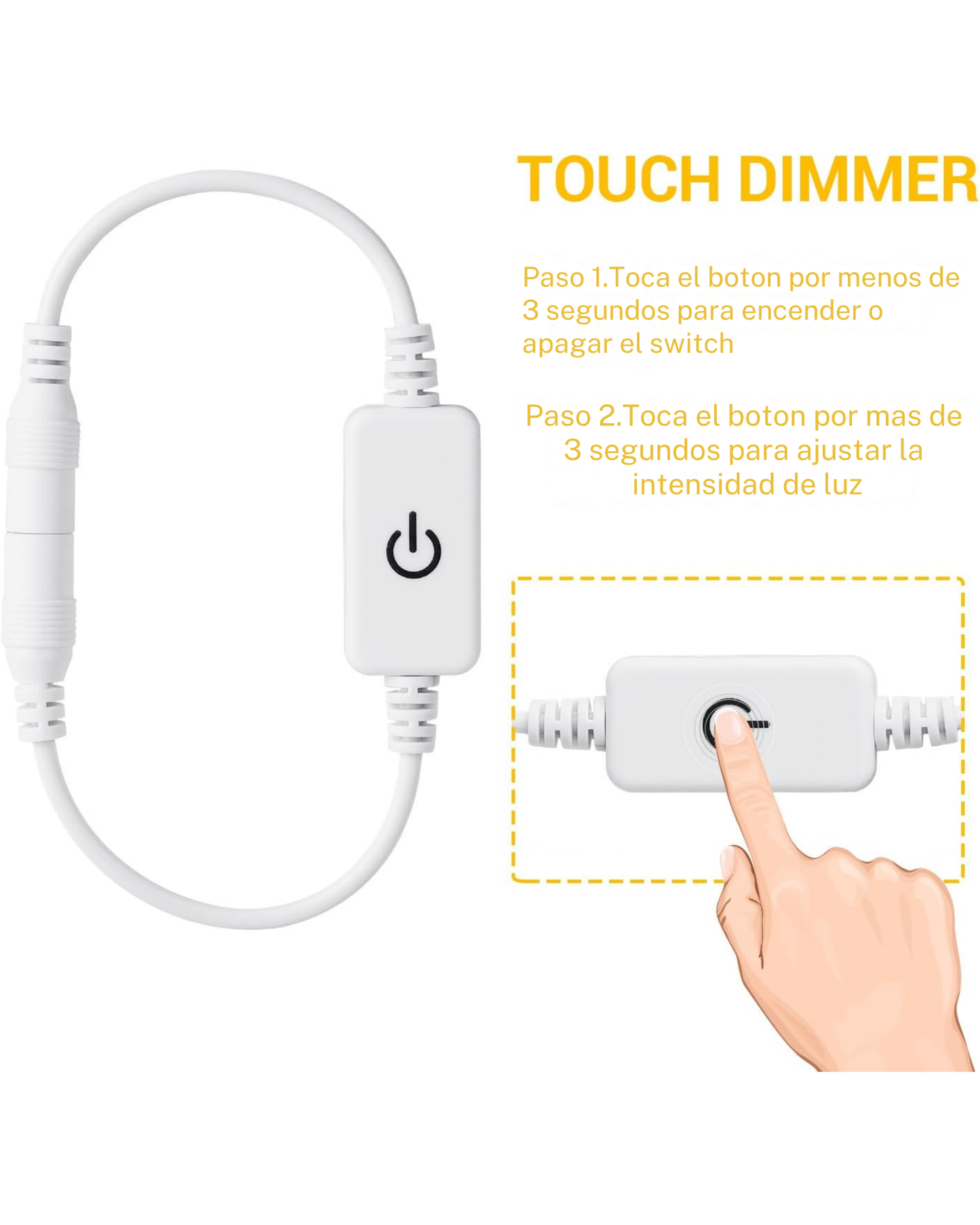 Switch touch para tira LED | Apagador botón en línea para letreros led | Conector 2.1mm | Dimmer regulador de luz