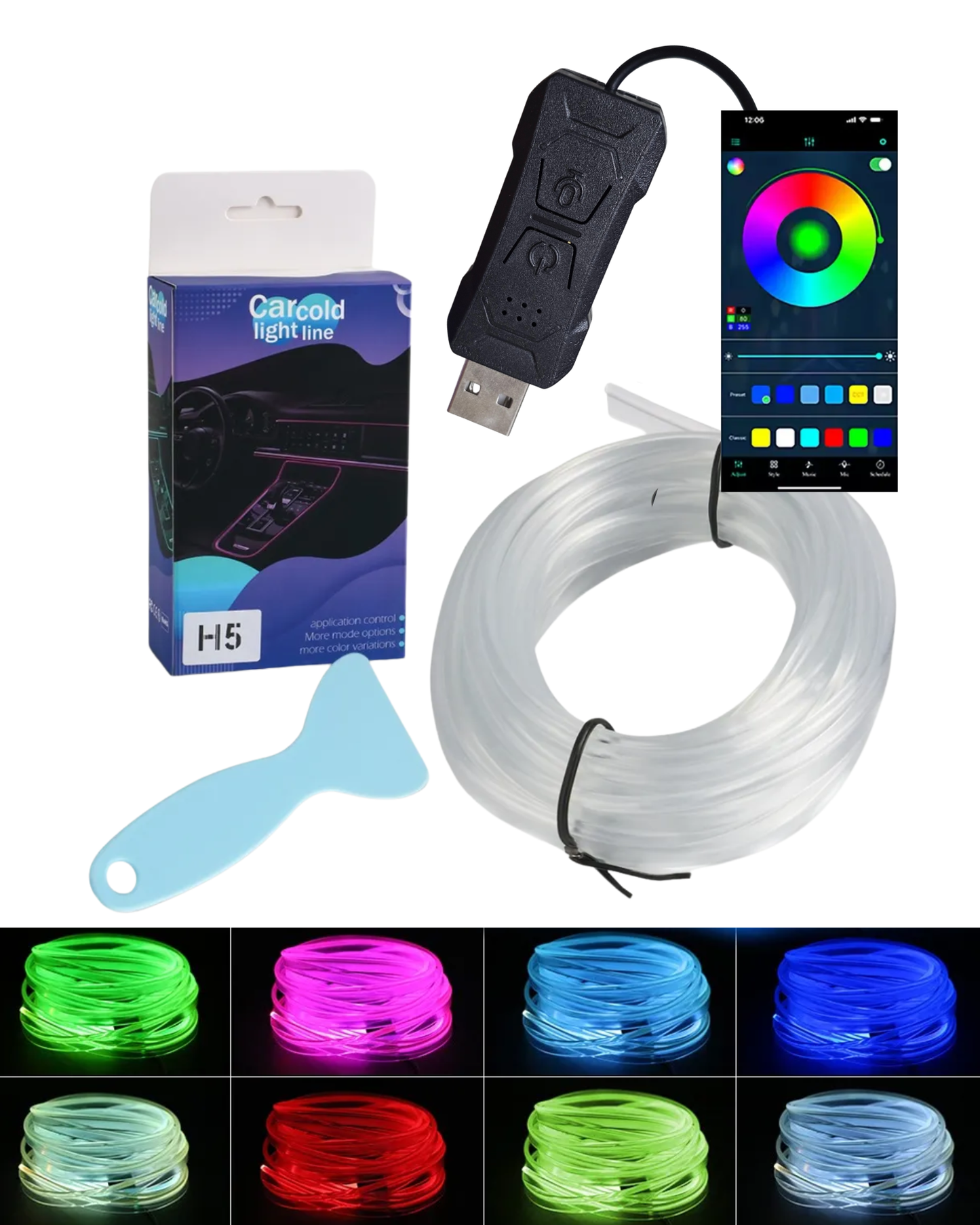 Hilo Neón RGB para coche | Hilo luminoso 3 metros con ceja para instalación | Hilo neón cambio de colores