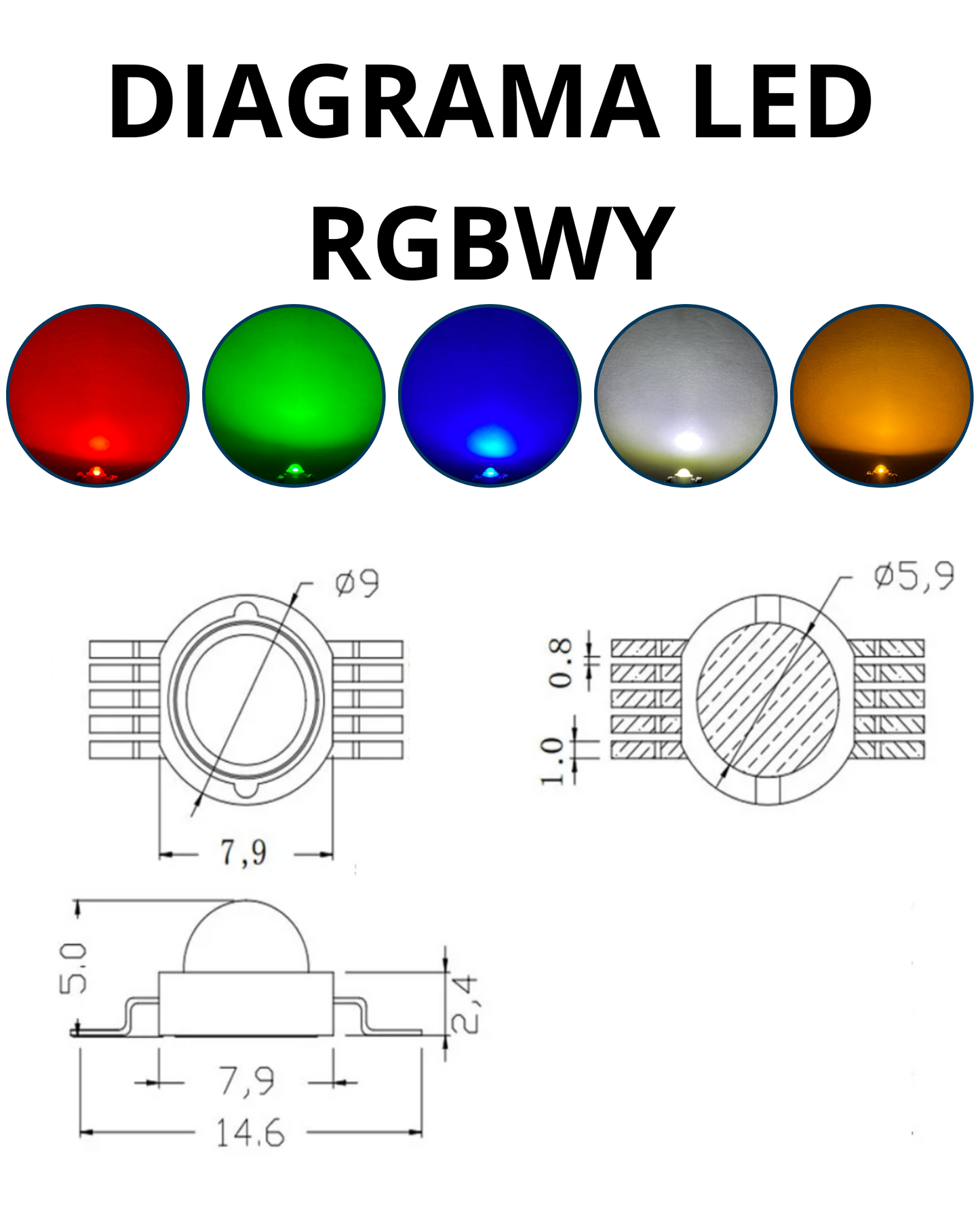 Chip LED de potencia 12W RGBWY 10 pines | Pastilla LED RGB+ Blanco + Amarillo