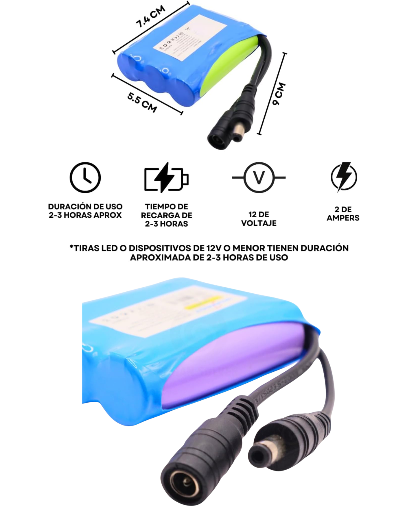 Batería recargable 12V 2A | Paquete de baterías 18650 recargable portátil