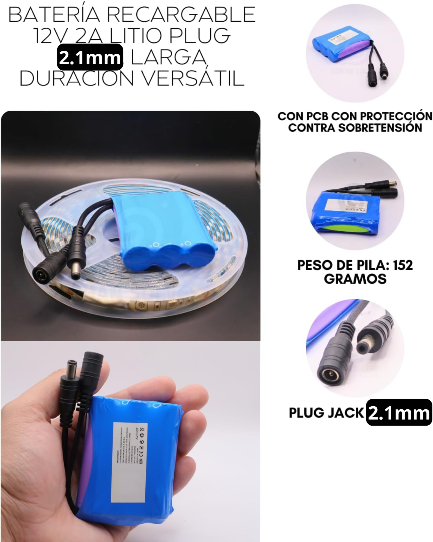 Batería recargable 12V 2A | Paquete de baterías 18650 recargable portátil