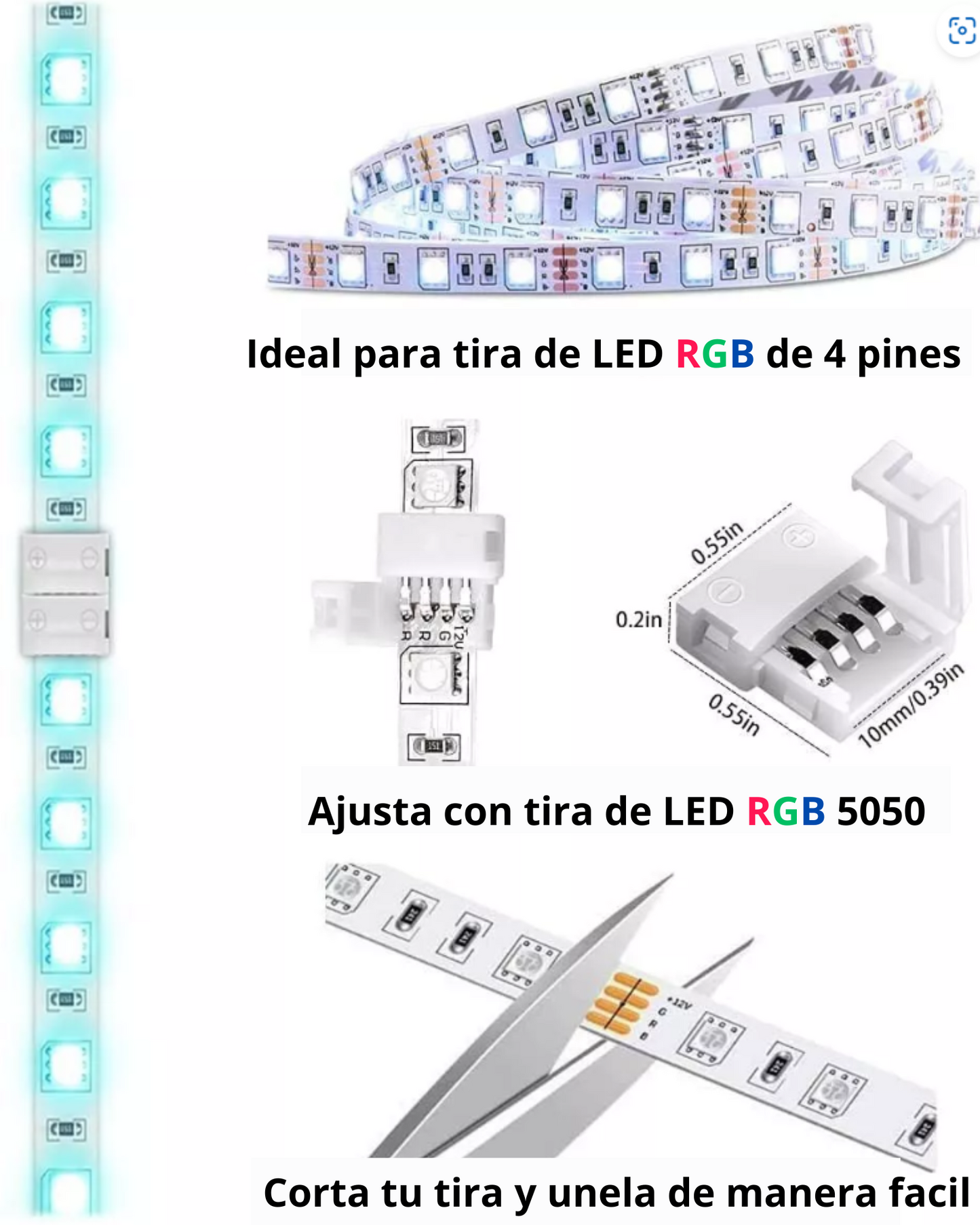Cople para tira de LED RGB multicolor | Cople tipo X T L | Empalme tira led